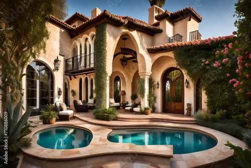 A luxurious residence with a Mediterranean-inspired design, complete with a terracotta-tiled roof, arched doorways, and a lush backyard with a swimming pool.