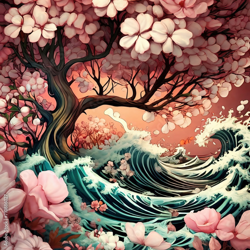 Dreamlike Illustration of a stylized tree with flowers and waves 