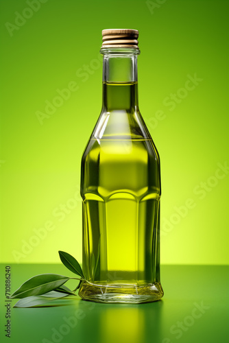 a bottle of oil with a green background