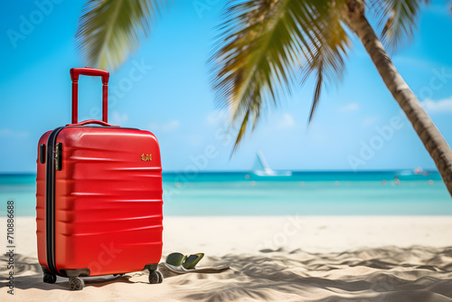 a red suitcase on a beach © ion