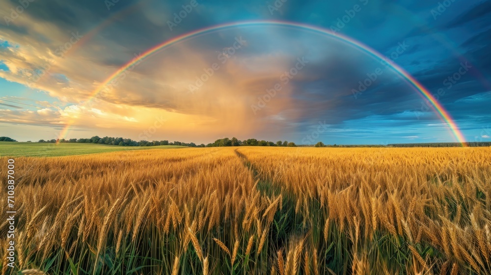 Rainbow gracefully arches over a golden wheat field Rainbow gracefully arches over a golden wheat field