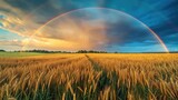 Rainbow gracefully arches over a golden wheat field