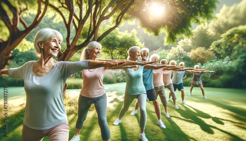 A group of seniors joyfully practicing tai chi in a sunlit park.