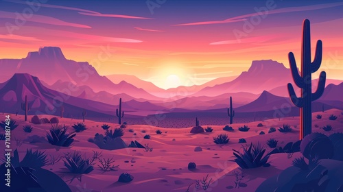 Panoramic views showcase mountains and cacti, creating a charming and picturesque image of a tranquil desert landscape. Flat cartoon style.