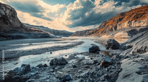 Rugged beauty of a dried lake and river, embodying the wild outdoor spirit of an adventure during a hot, rainless summer season. 