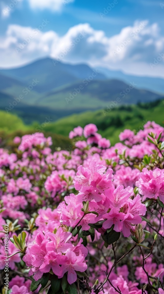 Pink Flowers in a Field With Mountain Backdrop, Serene Nature Landscape