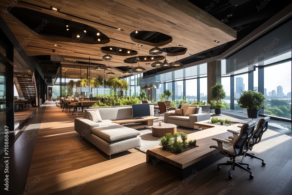 Modern office interior with wooden ceiling and large windows