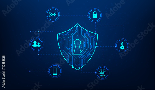 shield security protection digital technology on blue background. Security system prevent viruses and theft. cyber data shield internet online safety. vector illustration hi-tech.