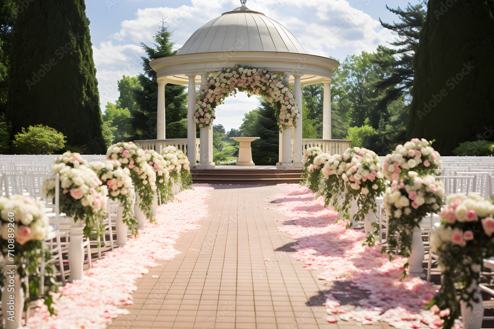 a gazebo with flowers and petals on the ground