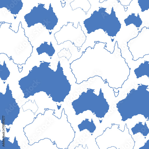Seamless pattern of blue continents of Australia in outline and flat on a white background