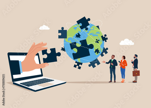 Teamwork and partnership on world map across globe. Charity, volunteer. Unity, team business. Flat vector illustration