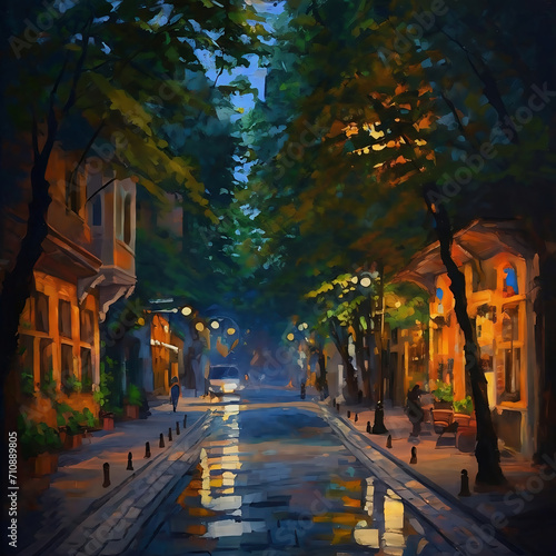 oil painting of Nostalgic street lights shining through oleaguum trees at night in Istanbul. Romantic city scape.	