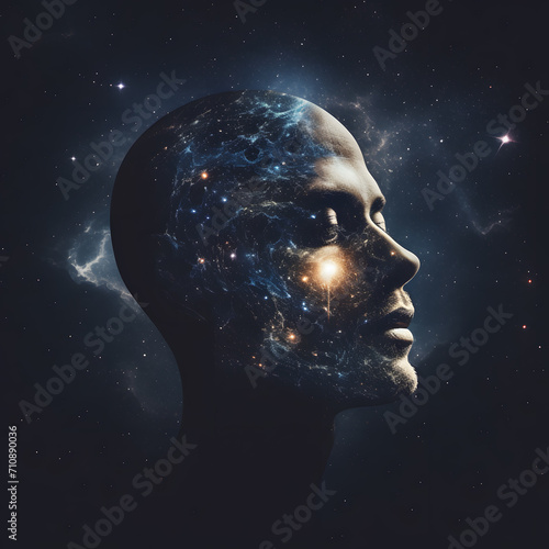 a head with stars and galaxy in the sky