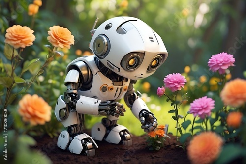 Cute robot gardener taking care of plants in the garden. The robot helps to grow flowers. A robot collects flowers for a bouquet. Robot admiring flowers in the garden. Human emotions in a robot