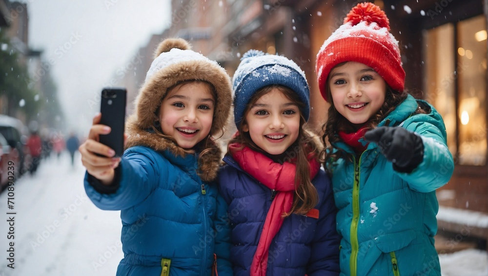 Children taking selfies in the snowy weather