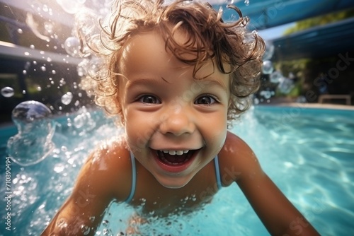 Ecstatic curly-haired kid having fun in the swimming pool