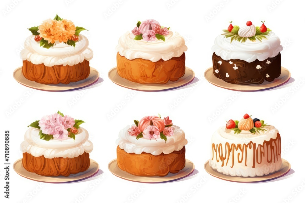 Set of holiday cakes with cream, berries, fruits, flowers and sprinkles on a white background