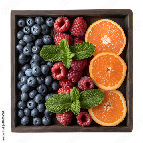 Healthy breakfast ingredients on a tray isolated on white background  vintage  png 