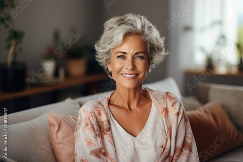 Portrait of a smiling mature woman with short gray hair