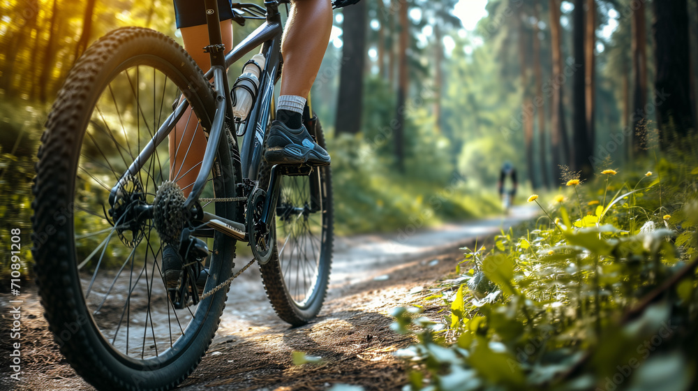 Close-up of a mountain bike in a park. man riding on forest trails. Close-up of a mountain bike in a park. man riding on forest trails.