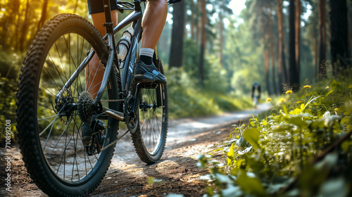 Close-up of a mountain bike in a park. man riding on forest trails.