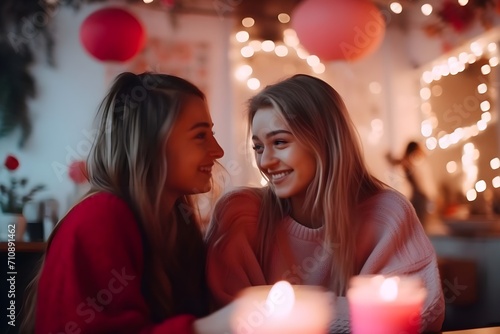 Two beautiful young women sitting in a cafe and looking at each other.