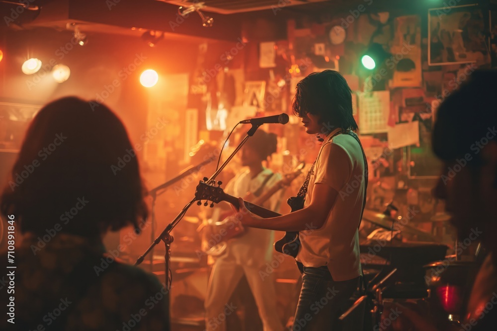 Fototapeta premium A rock band plays a live performance in a small club in Tokyo, Japan. 