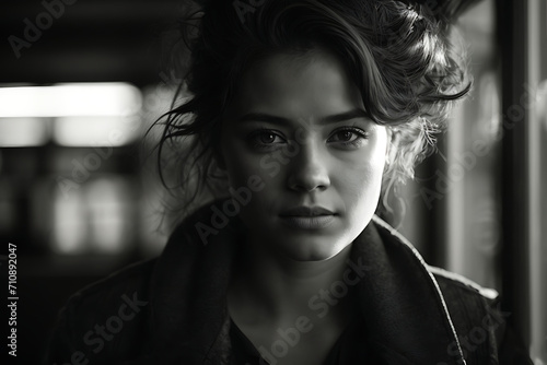 A dramatic monochrome portrait using chiaroscuro lighting to emphasize the contrast between light and shadow. Focus on capturing intense facial expressions.