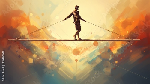 A graphic representation of a tightrope walker maintaining balance while traversing a rope, symbolizing equilibrium and stability amid a precarious situation - Generative AI photo