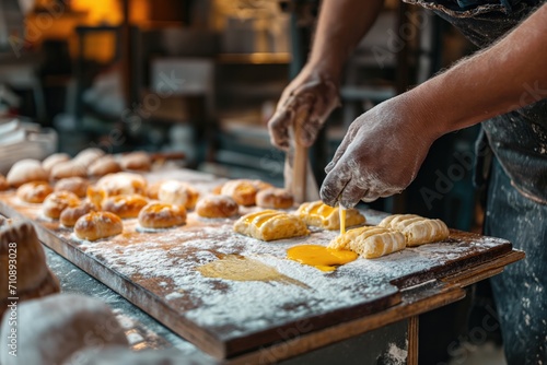 Artisan Baker Applying Egg Wash On To Pastries In A Small Bakery 
