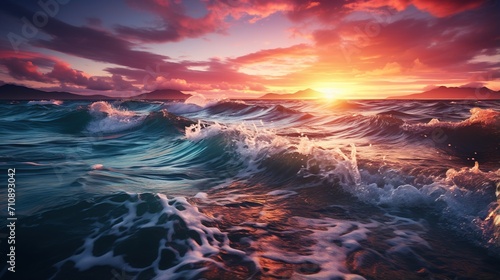 Sunset at sea with large waves crashing against the shore
