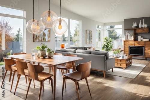 Mid-century modern dining room with large windows