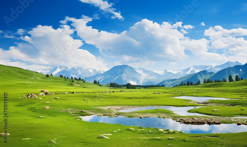 Lakes with amazing view on mountain range. Reflection in water. Beautiful turquoise lake in mountains, hiking destination in summer. High mountain landscape with small lake, white clouds on blue sky.