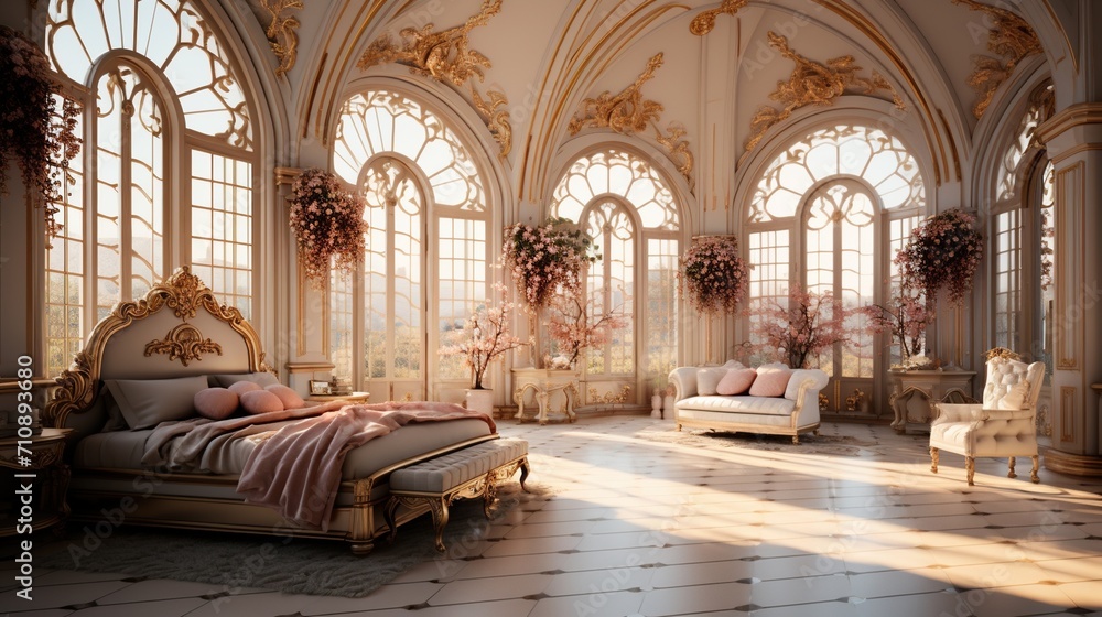 Ornate bedroom with pink accents and large windows