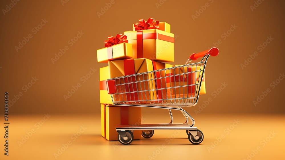 3d Vector Shopping Trolley with Parcel boxes, Shopping Online Concept. generative ai