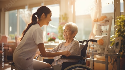 A young nurse talking to a senior woman in a wheelchair photo