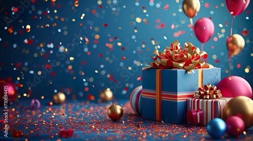 Fondo con una caja de regalo y decoración de celebración de cumpleaños. Concepto de fiestas. Generado por IA.