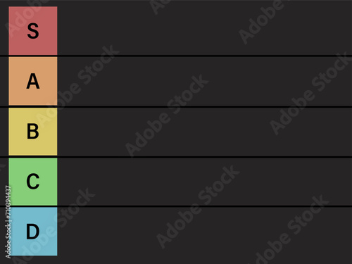 Tier list ranking. Category rating comparison grid. Template vector background.  Sorting, infographic.