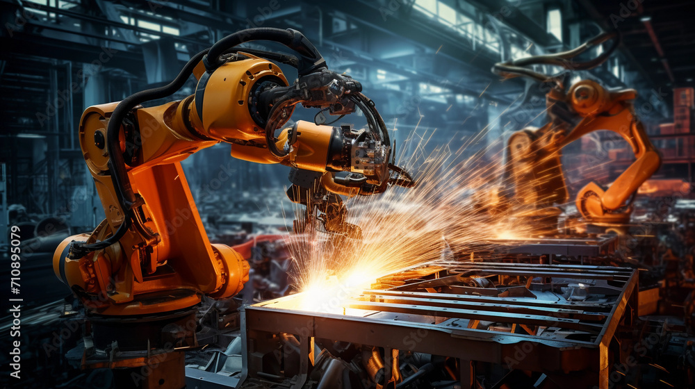 Hand of robot working steel welding building electronic machine in factory 