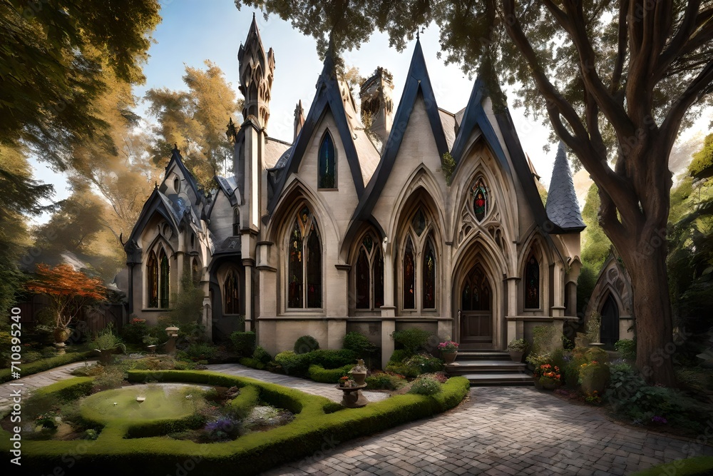 A Gothic revival home with pointed arches and stained glass, complemented by a mystical backyard with gothic sculptures and a hidden garden A Gothic revival home with pointed arches and stained glass, complemented by a mystical backyard with gothic sculptures and a hidden garden