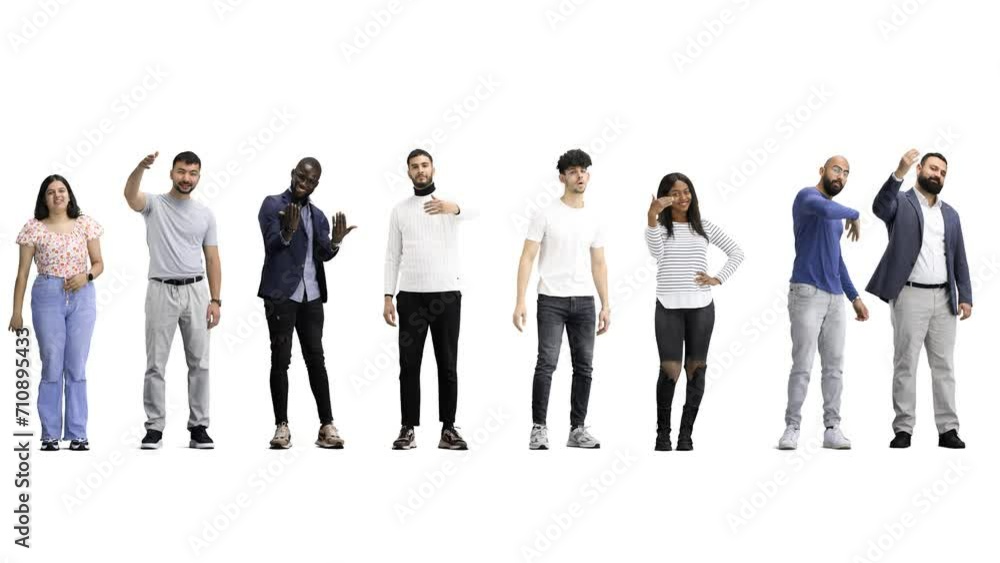 A group of people, in full height, on a white background, are invited to their place A group of people, in full height, on a white background, are invited to their place
