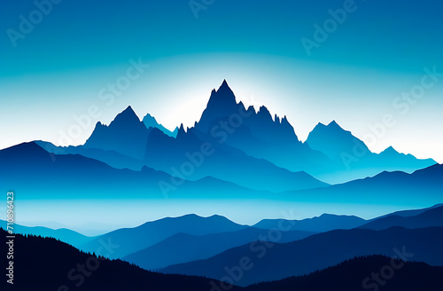Range of high mountains and shadows, skyline on blue background