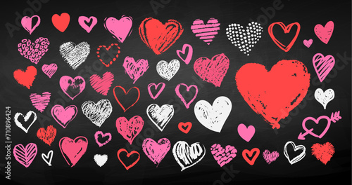 Vector color chalk drawn collection of grunge Valentine hearts on chalkboard background