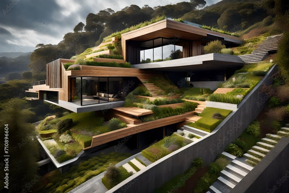 A hillside home with a terraced design, featuring a multi-level backyard with hanging gardens and a panoramic view of the surroundings