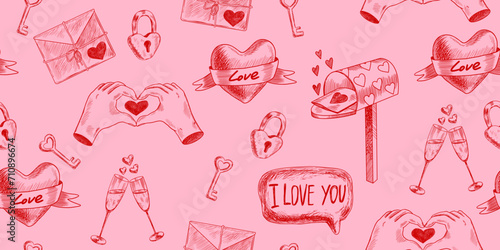 Valentines day seamless pattern with heart hands, mailbox, envelope, champagne glasses, heart-shaped key and lock. Message I love you. Sketch style heart with ribbon. Engraving style illustration