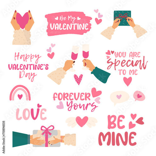 Valentine's day set concept in the flat cartoon design. Cute stickers and pictures that symbolize the day of all lovers. Vector illustration.