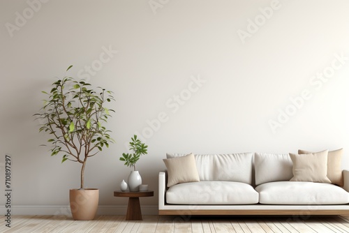 A sofa and a potted plant in a living room