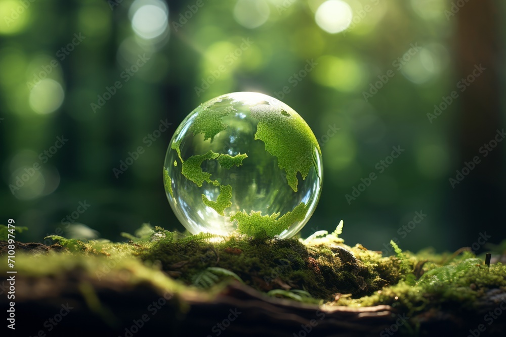 Earth Day. Green Globe Symbolizing Environment in Forest with Moss and Defocused Abstract Sunlight