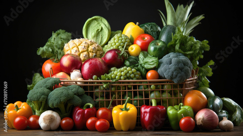 Shopping trolley full with vegetables and fruits in black background. Shopping, vegetable market concept.