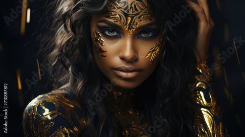 Beautiful black woman in gold clothes, portrait of an woman on a black background.